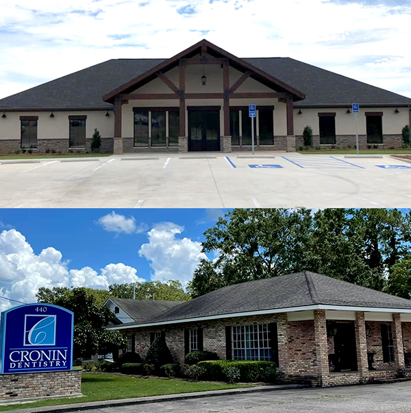 Two exterior views of Cronin Dentistry buildings with modern architecture and professional signage.