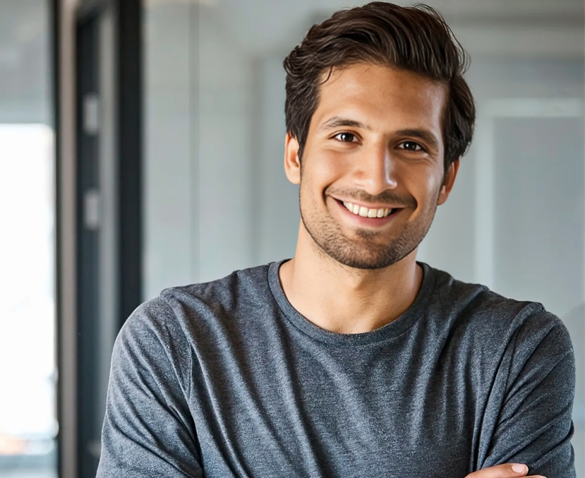 Smiling male professional in casual blue shirt posing indoors at Cronin Dentistry office.